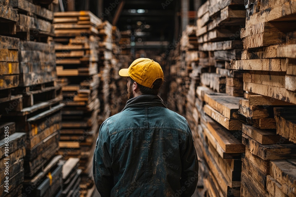 A Man in a Yellow Cap Standing in a Lumberyard A Man in a Yellow Cap Standing in a Lumberyard