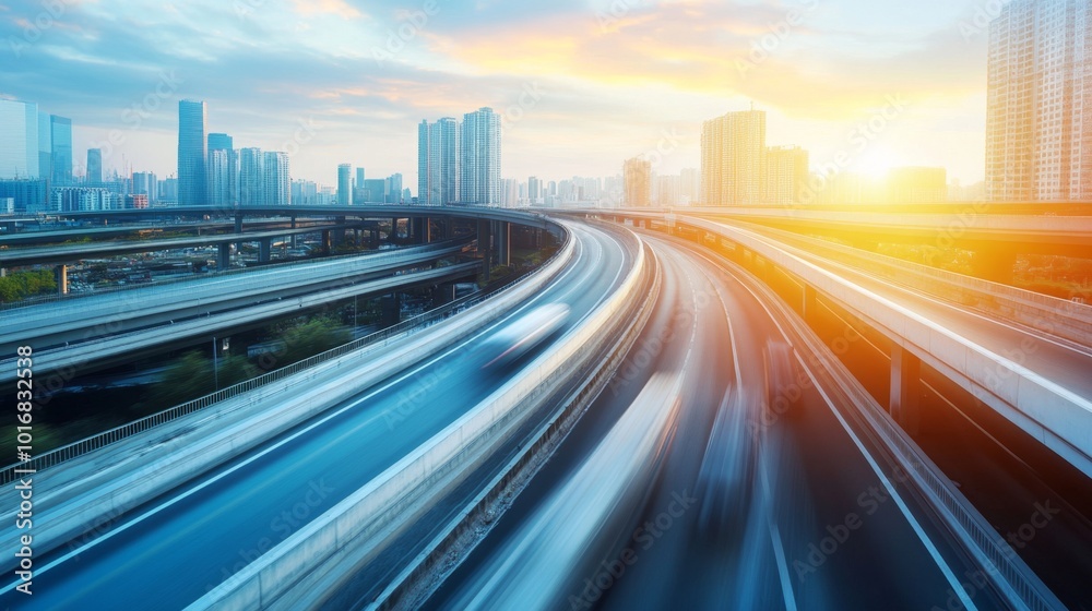 Highway overpass motion blur effect with modern city background Highway overpass motion blur effect with modern city background