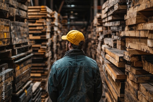 A Man in a Yellow Cap Standing in a Lumberyard