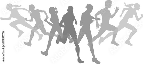 A set of silhouette runners running or jogging. Active sports people healthy players fitness silhouettes concept.