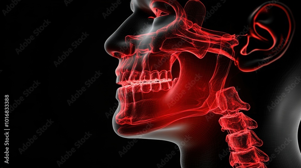 3D rendering of a human head with the jaw highlighted in red ...
