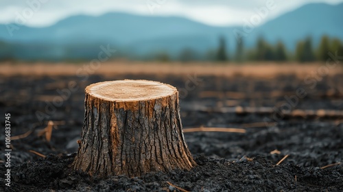 A tranquil view of a tree stump in a barren landscape, highlighting nature's resilience against deforestation and environmental change.