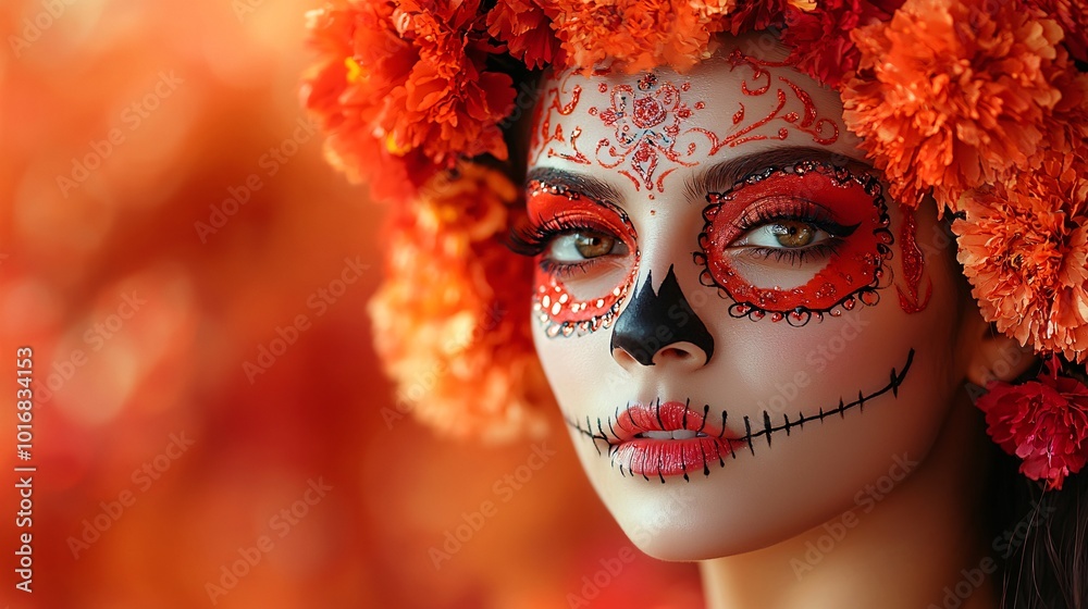 A woman with vibrant sugar skull makeup and floral adornments, perfect for Day of the Dead celebrations, themed events, and festive decorations.