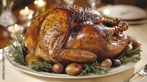 Festive Turkey Feast, a golden roasted turkey surrounded by seasonal decorations, vibrant side dishes, and warm candlelight on a holiday table photo