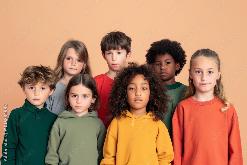 Group of multiethnic children standing together and looking at camera isolated on beige Group of multiethnic children standing together and looking at camera isolated on beige