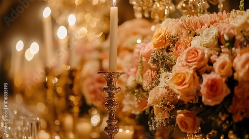 Glamorous gold toned wedding featuring chic floral arrangements and a custom design for a luxurious elegant event  The table setting includes candles ornate centerpieces and an opulent photo