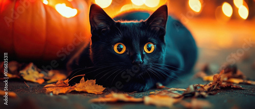 A black cat is laying on the ground next to a pumpkin. The cat is looking at the camera with its eyes wide open. The scene has a spooky and eerie mood, with the pumpkin