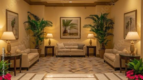 guest room with sofas, lamps, potted ornamental plants, tables