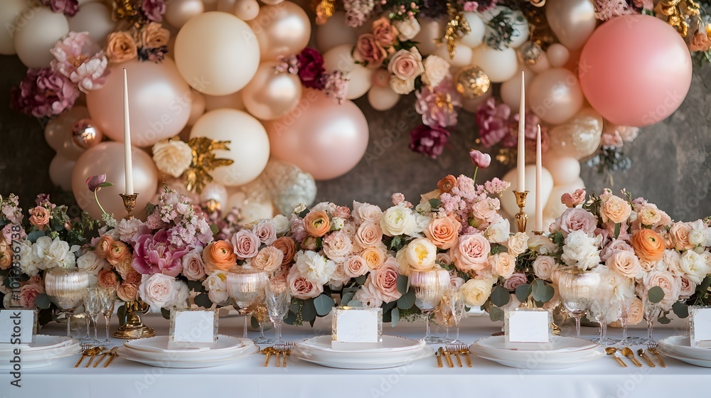 Fototapeta premium Lavish air balloon featuring an exquisite display of lush floral arrangements luxurious gold accents and a chic glamorous atmosphere creating a visually stunning and opulent scene