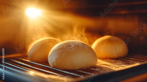 A picture of bread dough proofing inside the oven, with condensation on the glass door and natural sunlight in the kitchen.  photo