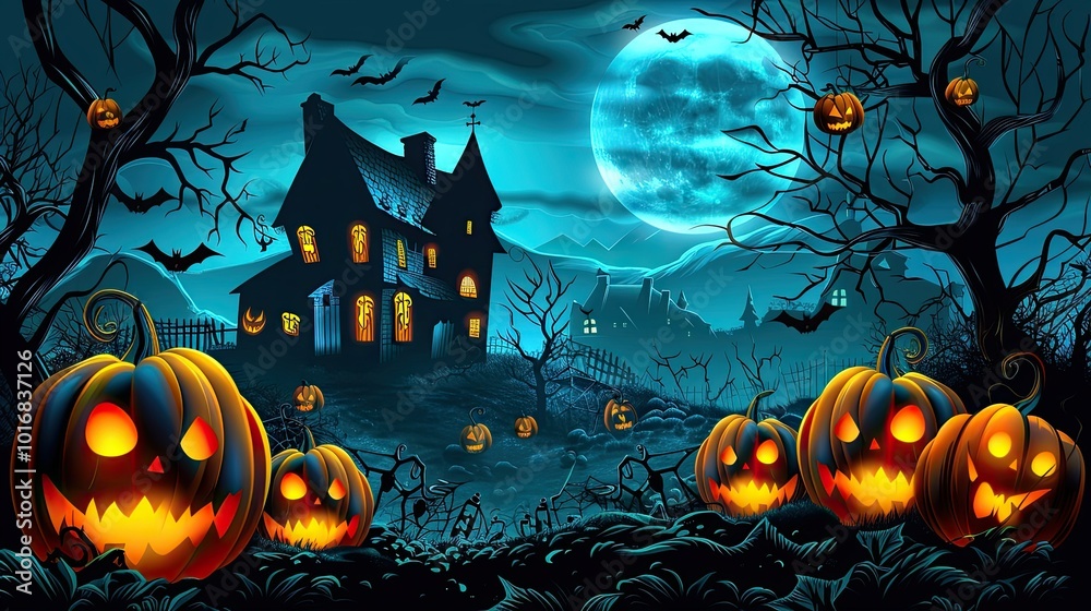 Halloween background with pumpkins and haunted house Halloween background with pumpkins and haunted house