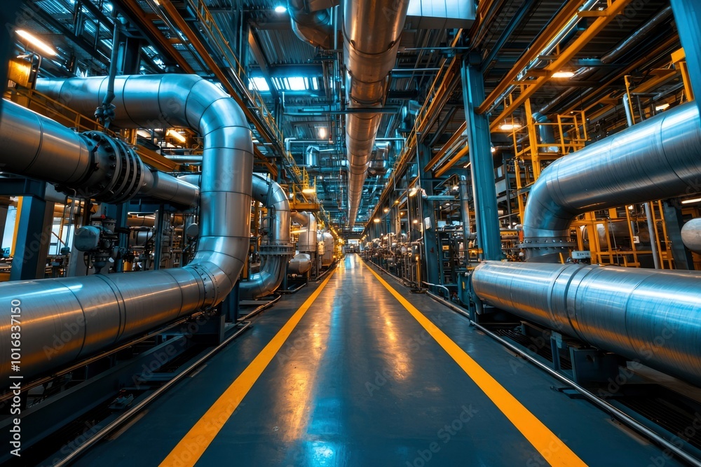 Industrial Interior with Large Pipes and Yellow Lines Industrial Interior with Large Pipes and Yellow Lines