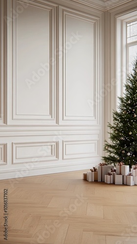 A beautifully decorated Christmas tree stands in the center of a spacious, empty room, adorned with red gifts and highlighted by large windows that create a warm atmosphere