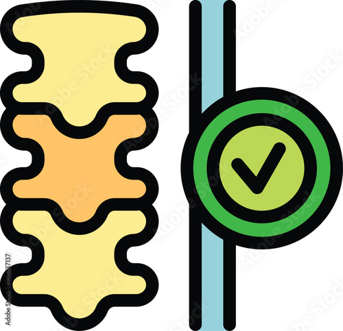 Healthy spine symbol showing vertebrae with checkmark representing good posture and spinal health