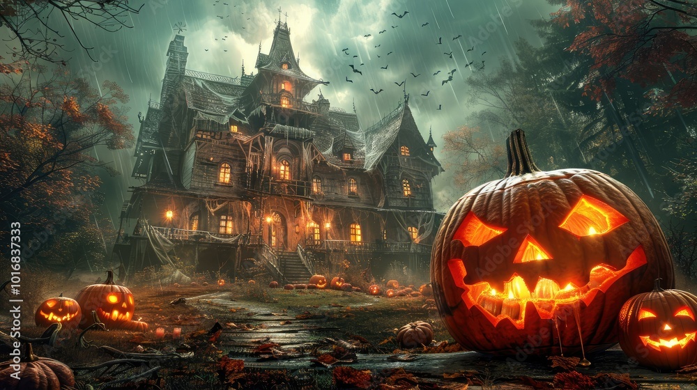 Halloween background with pumpkins and haunted house