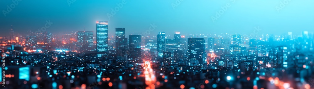 Obraz premium Vibrant city skyline at night with glowing lights and a modern atmosphere, showcasing the beauty of urban life and architecture.