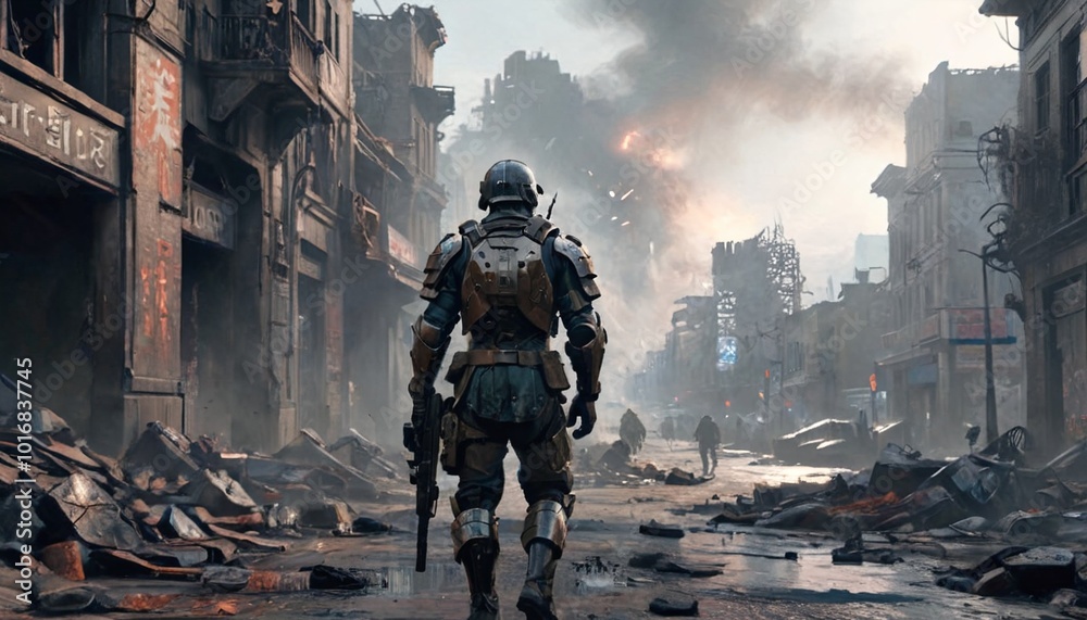 A lone soldier stands amidst crumbling skyscrapers, the desolate ruins of a once-thriving metropolis, gripping a rifle while scanning the horizon for threats, Generative AI