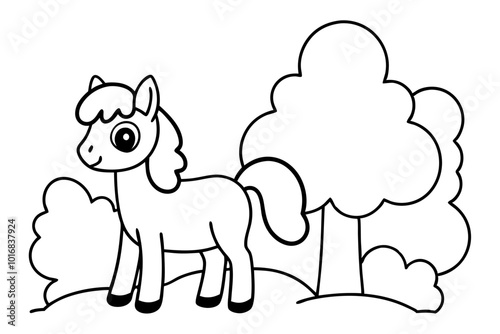 Adorable Cartoon Pony Standing in a Magical Meadow Coloring Page for Kids 