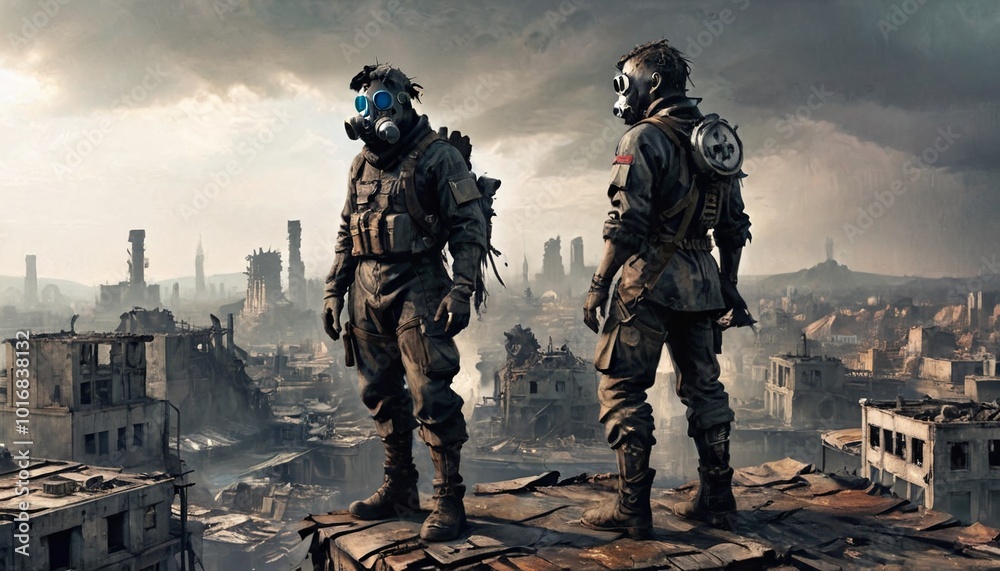The soldier, clad in tattered gear and a gas mask, stands vigilant on a rooftop, overlooking a dystopian wasteland where the city lies in ruin, Generative AI The soldier, clad in tattered gear and a gas mask, stands vigilant on a rooftop, overlooking a dystopian wasteland where the city lies in ruin, Generative AI