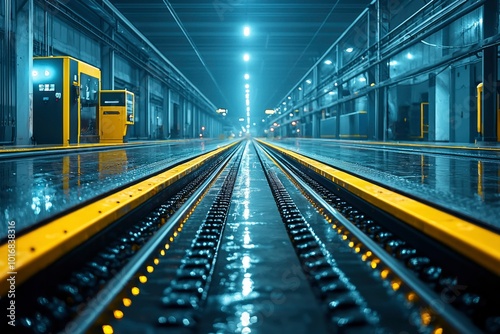 Wet Railway Tracks in an Industrial Building with Yellow Lines