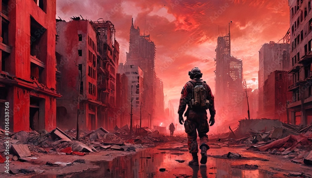 Amidst the ruins of collapsed skyscrapers, a soldier with a gas mask patrols the empty streets under a blood-red sky, Generative AI Amidst the ruins of collapsed skyscrapers, a soldier with a gas mask patrols the empty streets under a blood-red sky, Generative AI