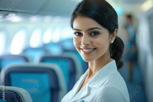 A Flight Attendant Smiles in an Airplane Cabin photo