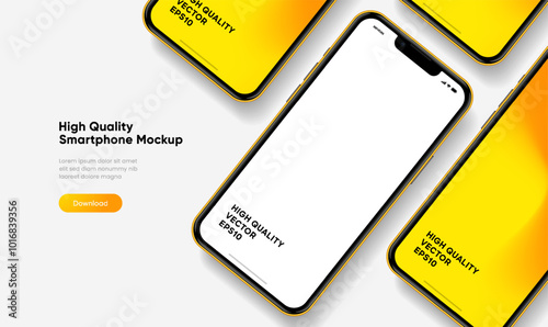 Realistic smartphone mockup. Mobile phone vector with isolated on white background. Device front view. 3D mobile phone with shadow. Realistic, high quality smart phone mockup for ui ux presentation.