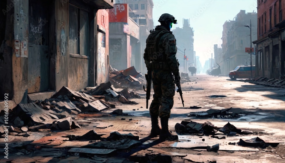 In a devastated urban wasteland, a solitary soldier stands watch, his shadow cast over the debris-strewn street, Generative AI In a devastated urban wasteland, a solitary soldier stands watch, his shadow cast over the debris-strewn street, Generative AI