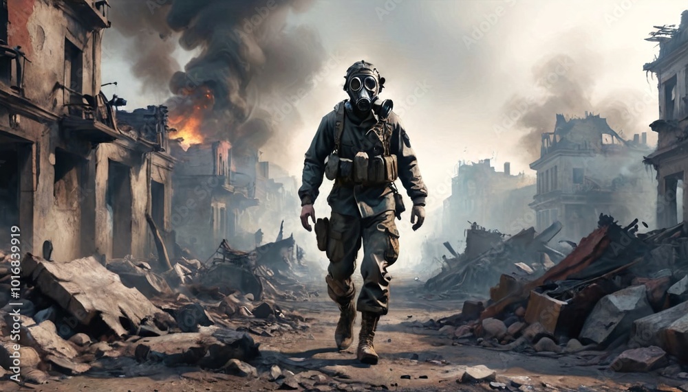 Wearing a gas mask and ragged clothes, the soldier moves cautiously through a ruined city, smoke rising from the rubble, Generative AI Wearing a gas mask and ragged clothes, the soldier moves cautiously through a ruined city, smoke rising from the rubble, Generative AI