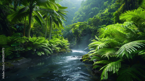 A lush green jungle with a river running through it