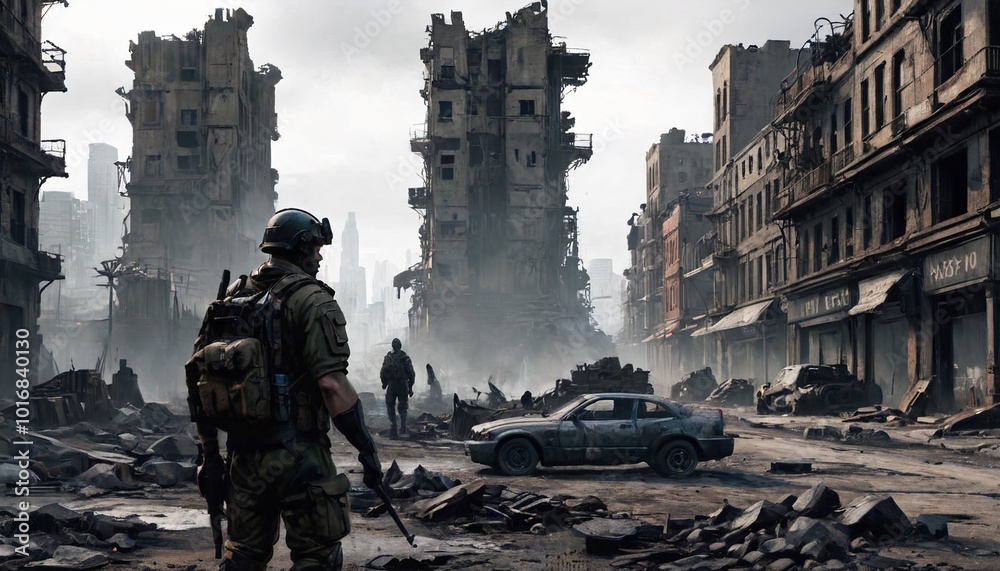 soldier, gear, makeshift, city, ruins, metropolis, remnants, apocalyptic, destruction, urban, desolation, survival, dystopian, Generative AI soldier, gear, makeshift, city, ruins, metropolis, remnants, apocalyptic, destruction, urban, desolation, survival, dystopian, Generative AI