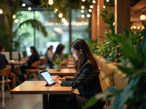 Wide Angle Shot of a Businesswoman Using a Tablet in a Cozy Cafe with Modern Biophilic Design, Featuring Office Workers Collaborating in a Stylish Workspace with Natural Elements and Comfort