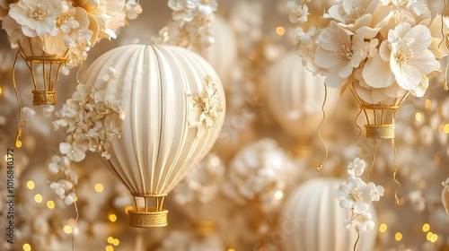 Elegant Luxury Air Balloon Backdrop with Lavish Gold Accents Ornate Floral Designs and a Chic Glamorous Aesthetic for a Grand Celebratory Event or Occasion