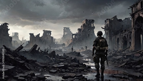 With a dark sky overhead, the soldier makes his way through the ruins of a decimated city, each step echoing in the silence, Generative AI