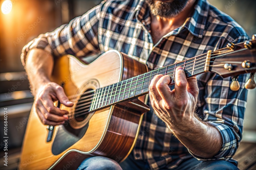Fototapeta premium Close-up of man hands playing acoustic guitar in plaid shirt
