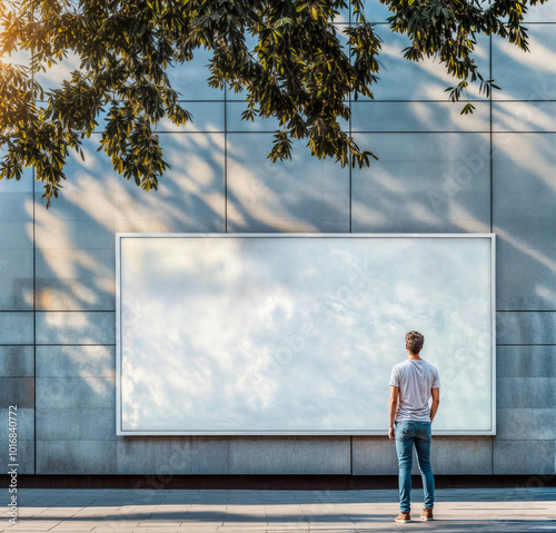 Homme debout regardant un panneau publicitaire vide