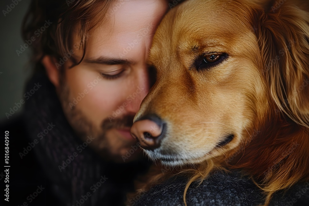 Close-up of Dog and Mans Face, Showing a Tender Bond Close-up of Dog and Mans Face, Showing a Tender Bond