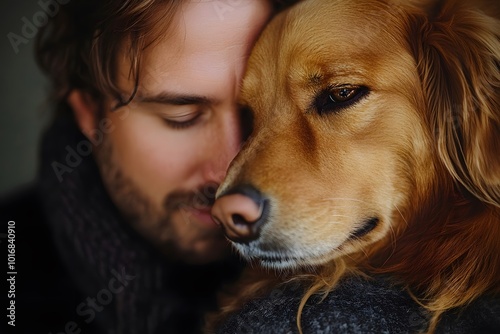 Close-up of Dog and Mans Face, Showing a Tender Bond