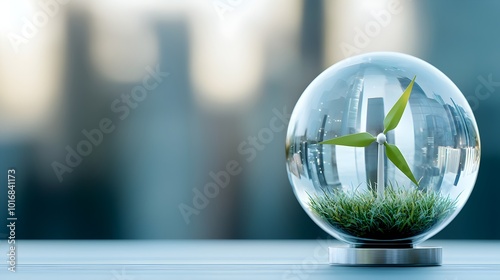 Eco-Futurism in Focus - Crystal Globe Reflecting Green Technology Wind Turbines and Sustainable Energy Solutions photo