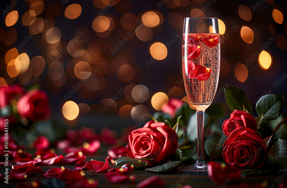 Two glasses with sparkling wine are standing on a table decorated with red roses for valentine's day Two glasses with sparkling wine are standing on a table decorated with red roses for valentine's day
