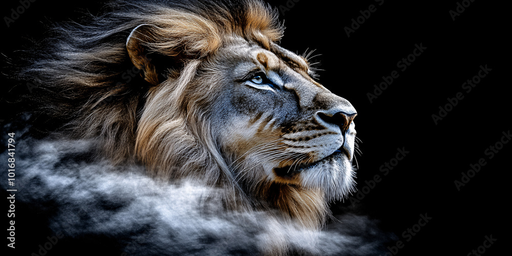 Naklejka premium Dramatic Portrait of a Lion on a Dark Background