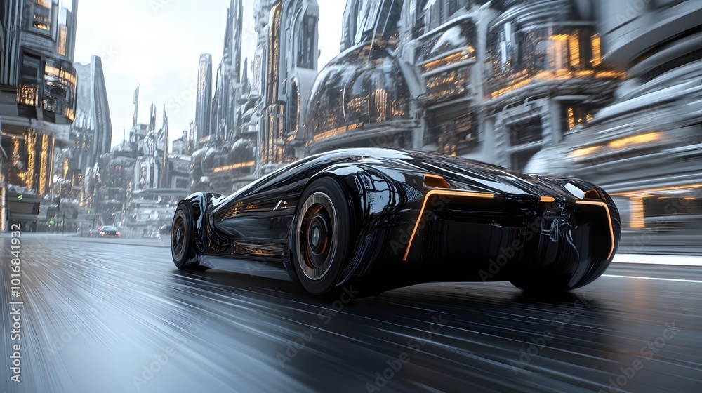 black futuristic electric car very fast driving in sci fi sity, town. Concept of future. 3d rendering. black futuristic electric car very fast driving in sci fi sity, town. Concept of future. 3d rendering.