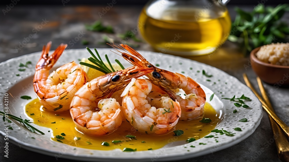 Fried shrimp with olive oil and lemon juice on a white plate, golden yellow lighting, detailed texture of the shrimp skin, plate with attractive decoration, bowl filled with herbs in the background.