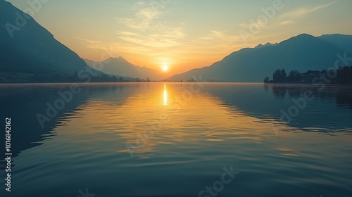 Stunning sunset reflecting golden light on a calm mountain lake, framed by distant peaks and a serene atmosphere. 