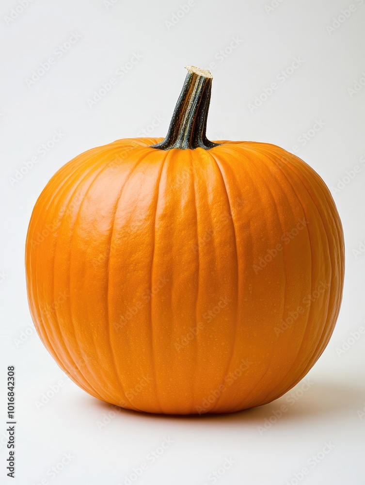 Obraz premium Vertical image of a large orange pumpkin on a white backdrop