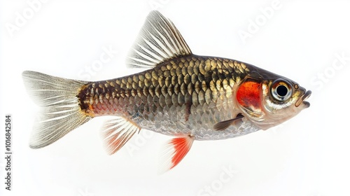 Rosy Barb a freshwater fish species displays its striking coloration and unique body shape swimming elegantly against a clean white background.