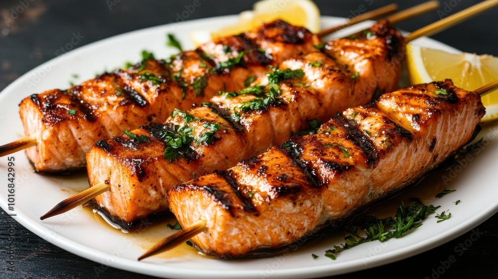 Grilled salmon skewers garnished with fresh herbs and lemon slices on a white plate, showcasing a mouthwatering BBQ seafood dish. Grilled salmon skewers garnished with fresh herbs and lemon slices on a white plate, showcasing a mouthwatering BBQ seafood dish.
