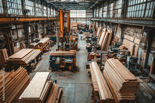 Industrial Woodworking Factory with Stacked Lumber and Machinery photo