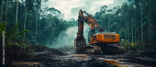 Industrial excavator tearing through a densely forested landscape highlighting the environmental impact and destruction caused by development projects encroaching on natural habitats and ecosystems photo