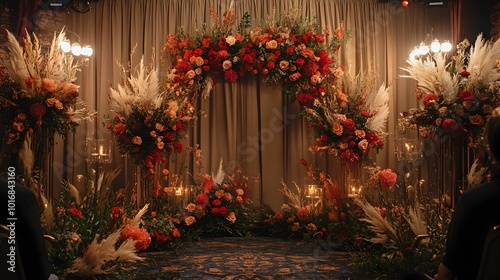 Stunning Floral Arrangement Backdrop with Luxurious Gold Accents and Ornate Decor Elements for a Grand or Event Setting